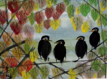 pájaros en hojas tinta china antigua Pinturas al óleo
